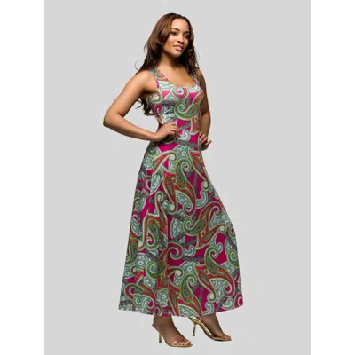 24SEVEN COMFORT APPAREL 24SEVEN COMFORT APPAREL HOT PINK PAISLEY PRINT SCOOP NECK A-LINE SLEEVELESS MAXI DRESS