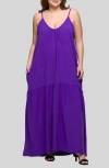24seven Comfort Apparel Plus Size Lightweight Spaghetti Strap Pocket Maxi Dress In Purple