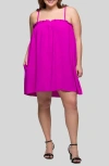 24seven Comfort Apparel Plus Size Square Neck Spaghetti Strap Smocked Pocket Mini Dress In Purple