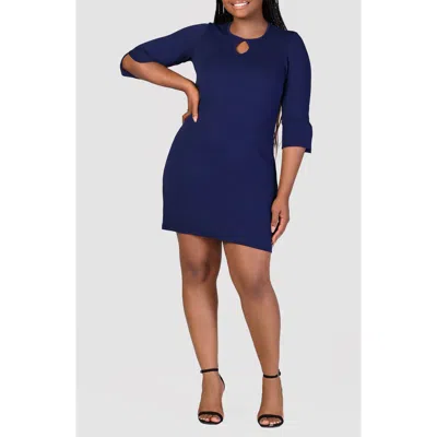 24seven Comfort Apparel Plus Size Keyhole Neck Three Quarter Split Sleeve Mini Dress In Blue