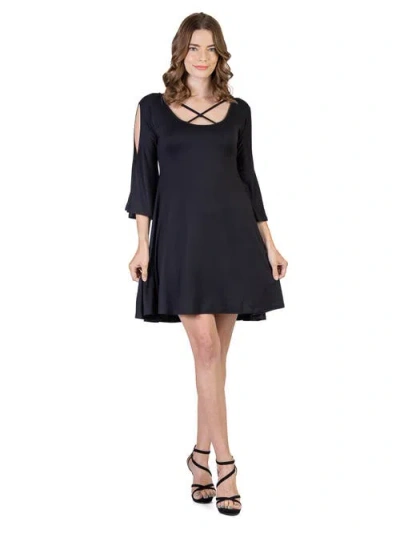 24seven Comfort Apparel Knee Length Cold Shoulder Dress In Black