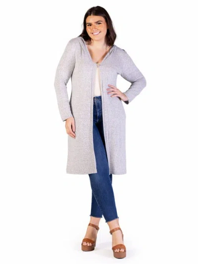24seven Comfort Apparel Plus Size Knee Length Long Sleeve Hooded Cardigan Shrug In Gray