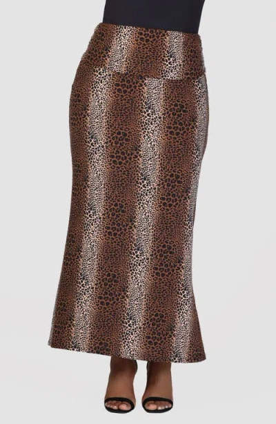 24seven Comfort Apparel Leopard Print Knit Maxi Skirt In Brown