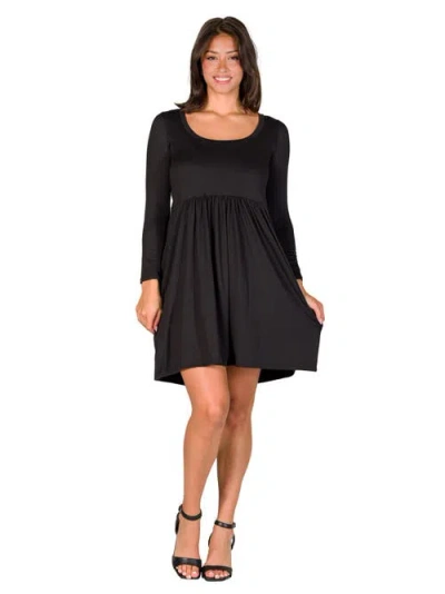 24seven Comfort Apparel Long Sleeve Babydoll Knee Length Dress In Black