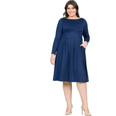 24seven Comfort Apparel Long Sleeve Fit And Flare Midi Dress In Blue