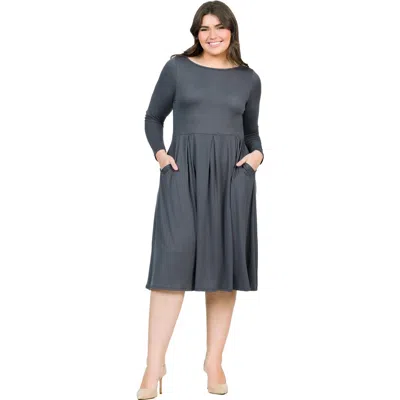 24seven Comfort Apparel Long Sleeve Fit And Flare Midi Dress In Gray