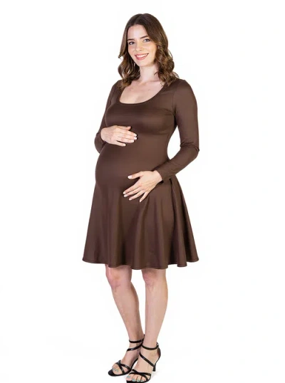 24seven Comfort Apparel Long Sleeve Flared Maternity Mini Dress In Brown