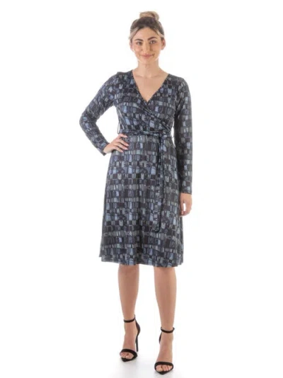 24seven Comfort Apparel Long Sleeve Knee Length Faux Wrap Dress In Gray