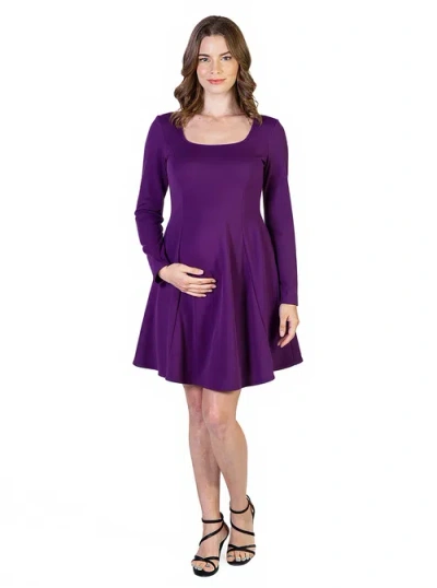 24seven Comfort Apparel Long Sleeve Knee Length Maternity Skater Dress In Purple