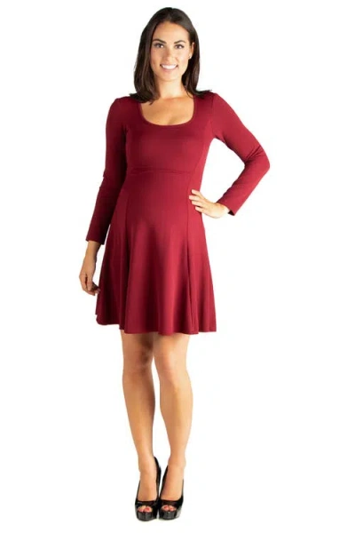 24seven Comfort Apparel Long Sleeve Knee Length Maternity Skater Dress In Red