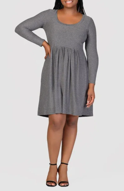 24seven Comfort Apparel Plus Size Long Sleeve Babydoll Knee Length Dress In Gray