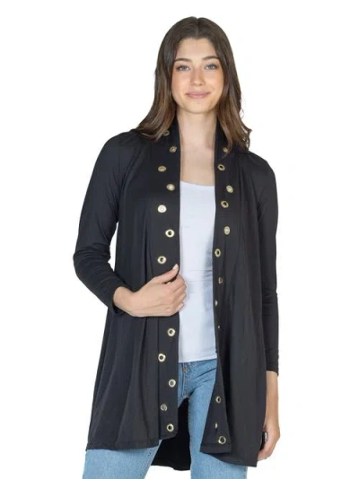 24seven Comfort Apparel Long Sleeve Mid Thigh Open Front Cardigan With Grommet Details In Black