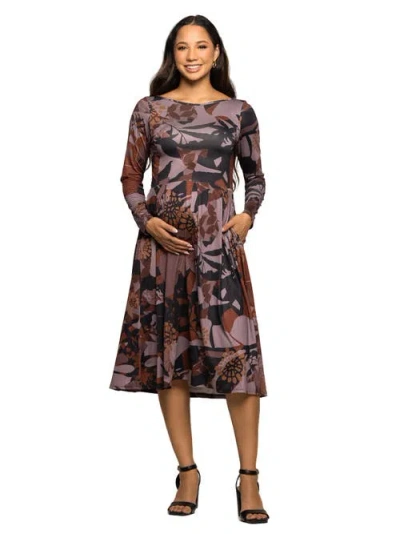 24seven Comfort Apparel Maternity Long Sleeve Midi Dress Brown Floral Print In Purple