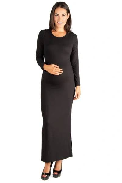 24seven Comfort Apparel Long Sleeve Side Slit Fitted Black Maternity Maxi Dress In Animal Print