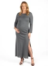 24seven Comfort Apparel Long Sleeve Side Slit Fitted Black Maternity Maxi Dress In Animal Print