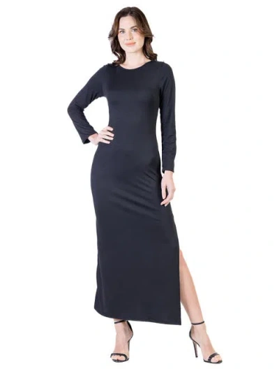 24seven Comfort Apparel Long Sleeve Side Slit Fitted Black Maxi Dress
