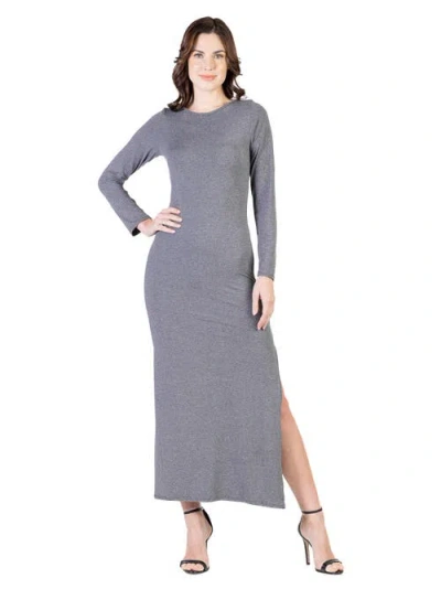 24seven Comfort Apparel Long Sleeve Side Slit Fitted Black Maxi Dress In Gray