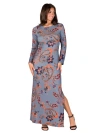 24seven Comfort Apparel Women's Grey Long Sleeve Side Slit Fitted Maxi Dress In Animal Print
