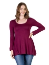 24seven Comfort Apparel Long Sleeve Solid Color Swing Style Flared Tunic Top In Purple