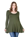 24seven Comfort Apparel Long Sleeve Solid Color Swing Style Flared Tunic Top In Green