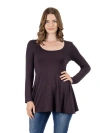 24seven Comfort Apparel Long Sleeve Solid Color Swing Style Flared Tunic Top In Brown