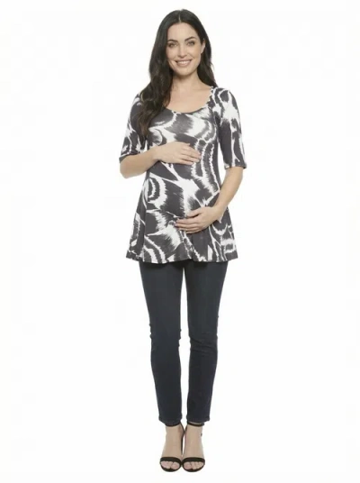 24seven Comfort Apparel Maternity Abstract Scoop Neck Elbow Sleeve Tunic Top In Black