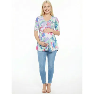 24seven Comfort Apparel Maternity Abstract V-neck Elbow Sleeve Henley Tunic Top In Multi