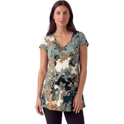 24seven Comfort Apparel Maternity Basic Floral Print V-neck Short Sleeve Flared Tunic Top In Multi