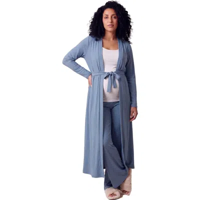 24seven Comfort Apparel Maternity Basic Long Sleeve Tie Waist Soft Jacket And Elastic Waist Wide Leg In Blue