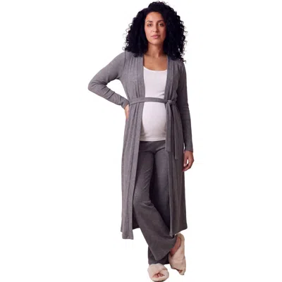 24seven Comfort Apparel Maternity Basic Long Sleeve Tie Waist Soft Jacket And Elastic Waist Wide Leg In Gray