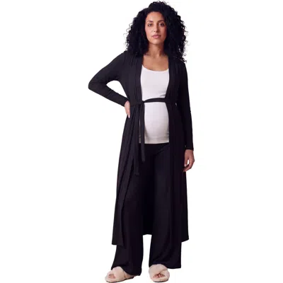 24seven Comfort Apparel Maternity Basic Long Sleeve Tie Waist Soft Jacket And Elastic Waist Wide Leg In Black