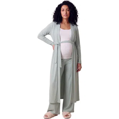 24seven Comfort Apparel Maternity Basic Long Sleeve Tie Waist Soft Jacket And Elastic Waist Wide Leg In Multi