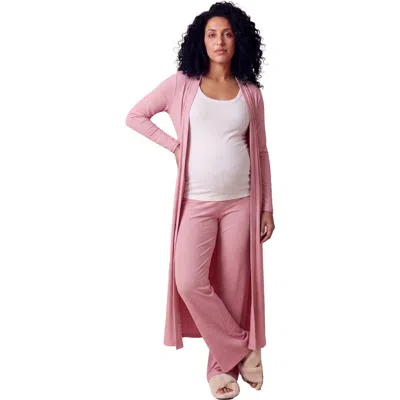 24seven Comfort Apparel Maternity Basic Long Sleeve Tie Waist Soft Jacket And Elastic Waist Wide Leg In Pink