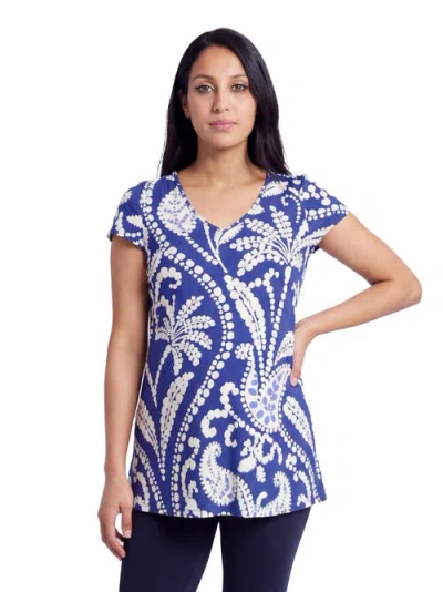 24seven Comfort Apparel Maternity Basic Paisley Print V-neck Short Sleeve Flared Tunic Top In Multi