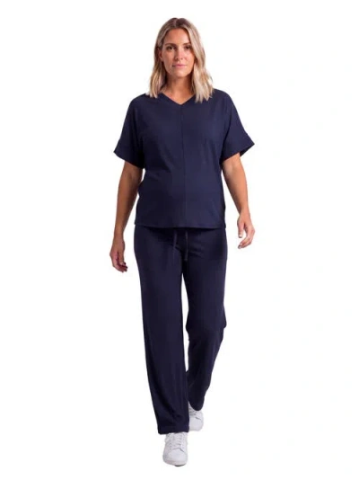 24seven Comfort Apparel Maternity Basic Ribbed Knit Dolman Sleeve V-neck Top And Drawstring Wide Leg In Blue