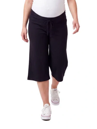 24seven Comfort Apparel Maternity Basic Ribbed Knit Drawstring Flared Capri Pants In Black