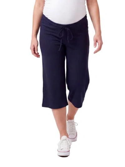 24seven Comfort Apparel Maternity Basic Ribbed Knit Drawstring Flared Capri Pants In Blue