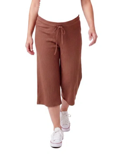 24seven Comfort Apparel Maternity Basic Ribbed Knit Drawstring Flared Capri Pants In Brown