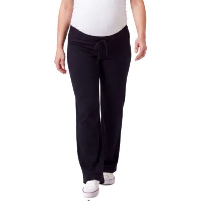 24seven Comfort Apparel Maternity Basic Ribbed Knit Drawstring Straight Leg Lounge Pants In Black