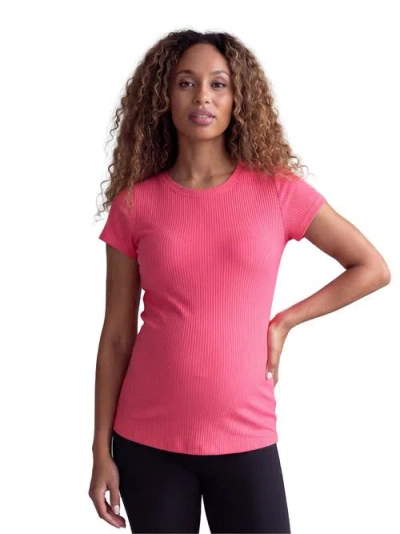 24seven Comfort Apparel Maternity Basic Ribbed Knit Round Neck Short Sleeve Top In Orange