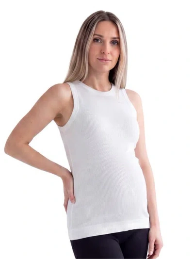 24seven Comfort Apparel Maternity Basic Ribbed Knit Round Neck Sleeveless Tank Top In White