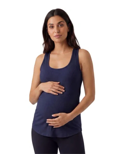 24seven Comfort Apparel Maternity Basic Ribbed Knit Sleeveless Scoop Neck Long Flared Tank Top In Blue
