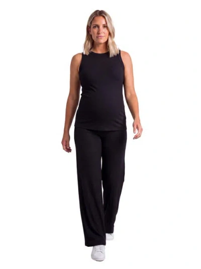 24seven Comfort Apparel Maternity Basic Ribbed Knit Tank Top And Elastic Waist Wide Leg Pant Set In Black