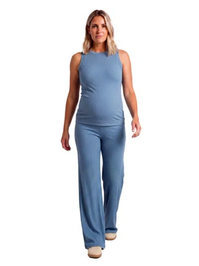 24seven Comfort Apparel Maternity Basic Ribbed Knit Tank Top And Elastic Waist Wide Leg Pant Set In Blue
