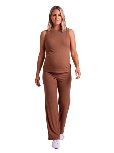 24seven Comfort Apparel Maternity Basic Ribbed Knit Tank Top And Elastic Waist Wide Leg Pant Set In Brown