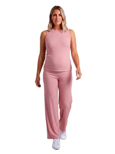24seven Comfort Apparel Maternity Basic Ribbed Knit Tank Top And Elastic Waist Wide Leg Pant Set In Purple