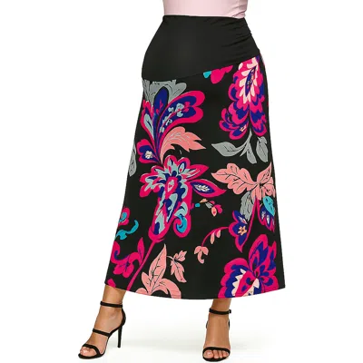 24seven Comfort Apparel Maternity Black And Pink Paisley Elastic Waist A-line Maxi Skirt