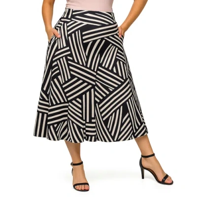 24seven Comfort Apparel Maternity Black Geometric Print Elastic Waist Pocket Midi Skirt