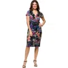 24seven Comfort Apparel Plus Size Knee Length Short Sleeve Faux Wrap Dress In Black