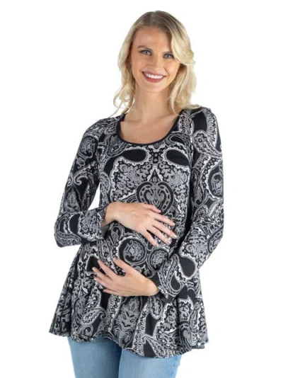 24seven Comfort Apparel Maternity Black Paisley Long Sleeve Tunic Top In Multi